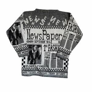 Vintage Adele Newspaper Print Sweater Medium Graphic Black White Retro Knit